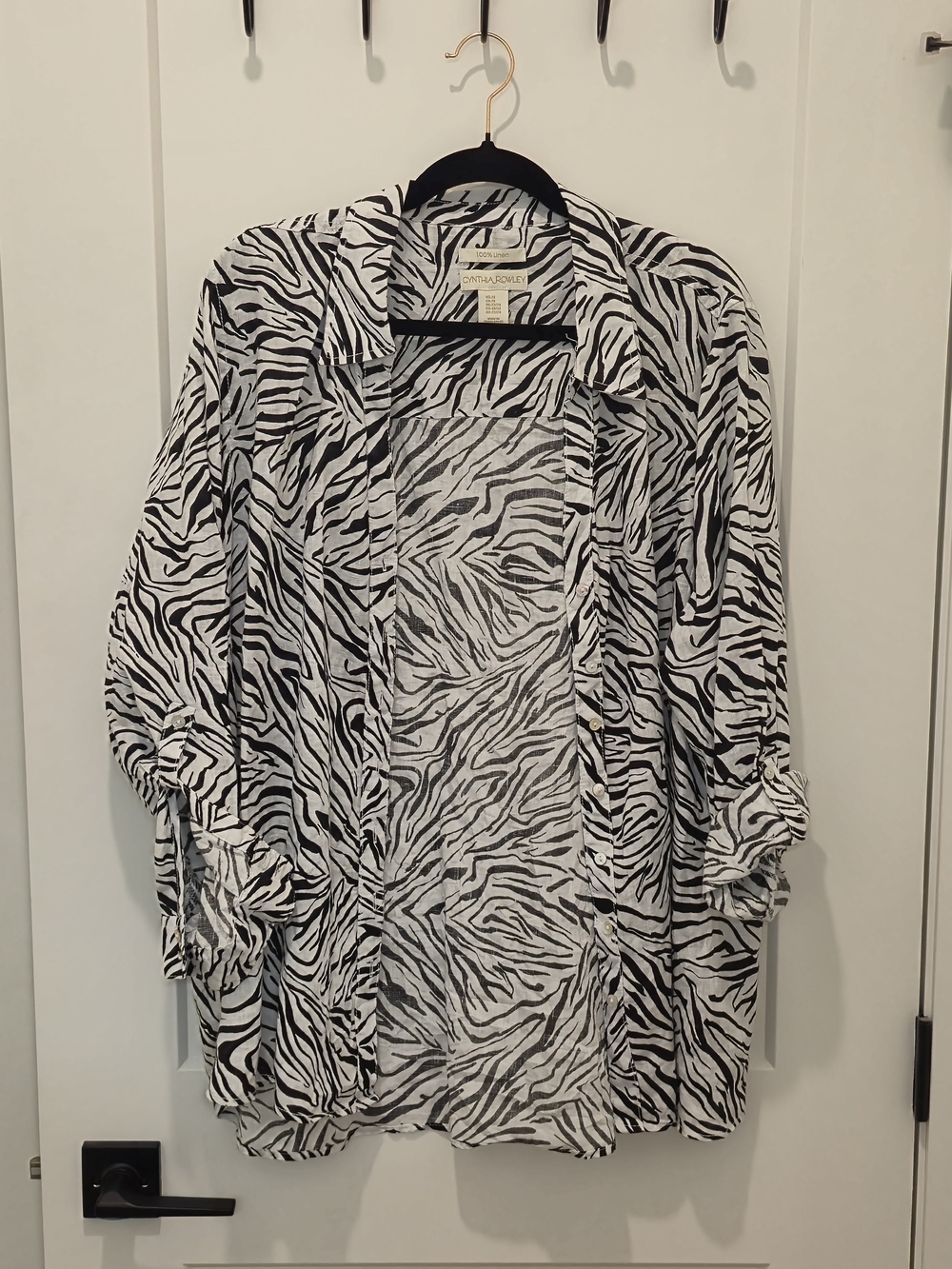 Cynthia Rowley Black & White Zebra Button-Down Shirt 100% Linen SIZE 2XL